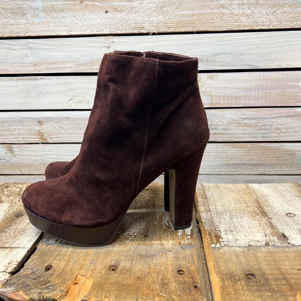 Vince Camuto Brown Suede Platform Ankle Boots Gold Zip Block Heel 6.5B - Picture 9 of 9